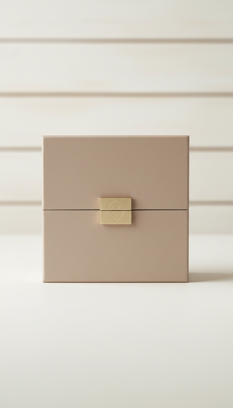 Champagne taupe sample box with brass closure