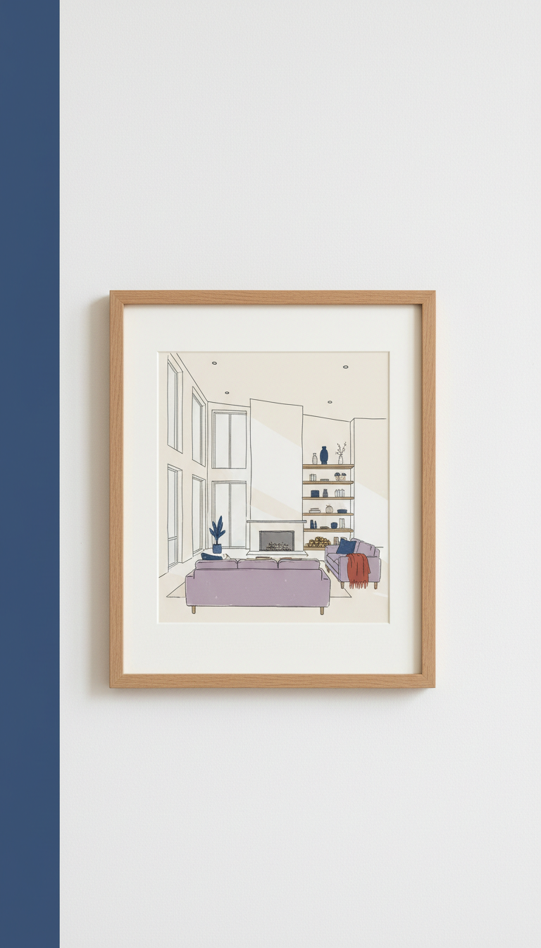 Framed hand-drawn interior elevation art print