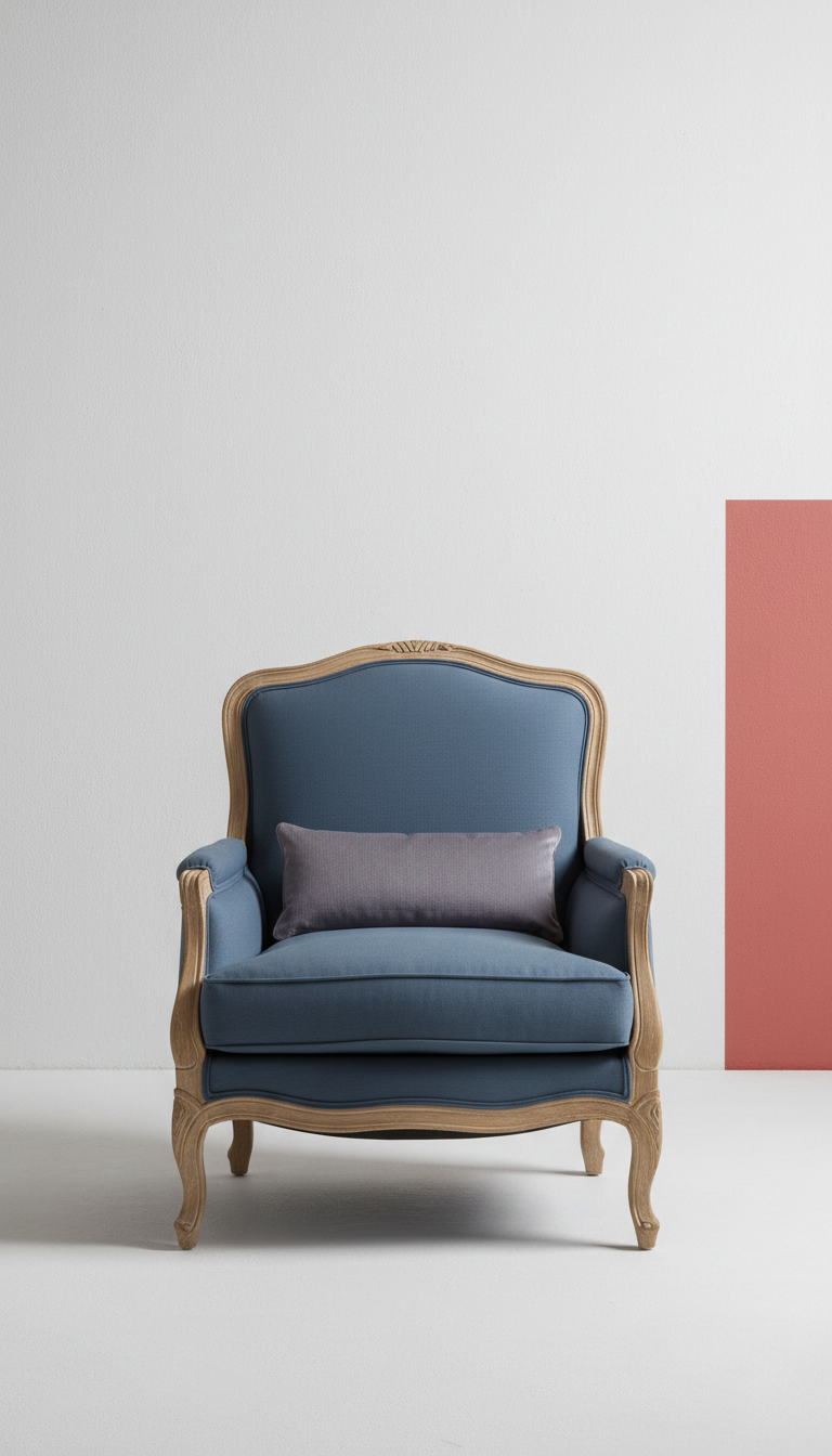 Custom French-style lounge chair in atelier blue upholstery