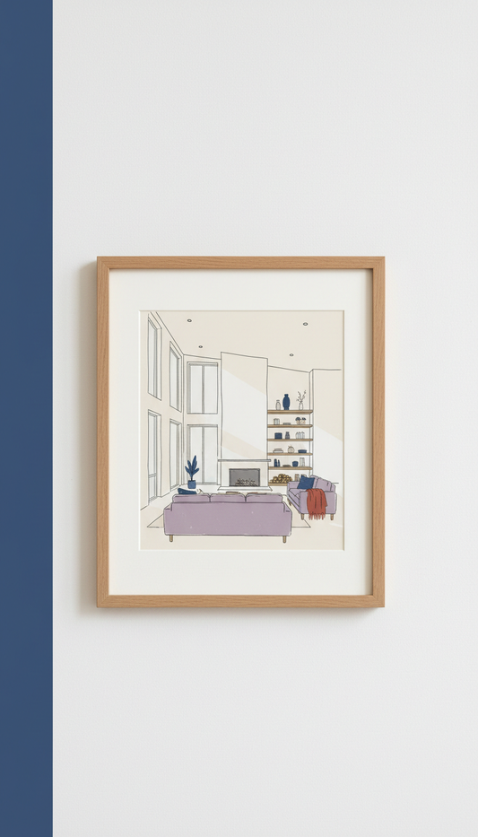 Framed hand-drawn interior elevation art print